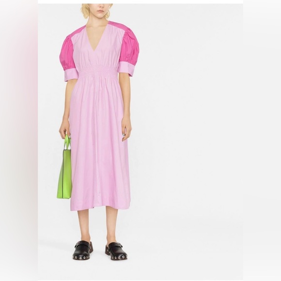 Ganni V-neck puff shoulder color block midi dress in Phlox pink. - Picture 2 of 12
